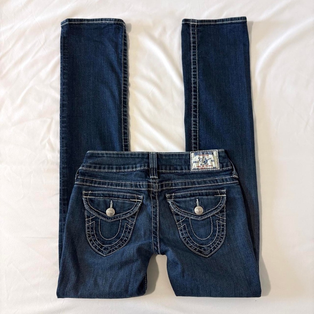 True Religion Low Rise Straight Leg Jeans Womens 28 Blue Y2K Flap Pocket